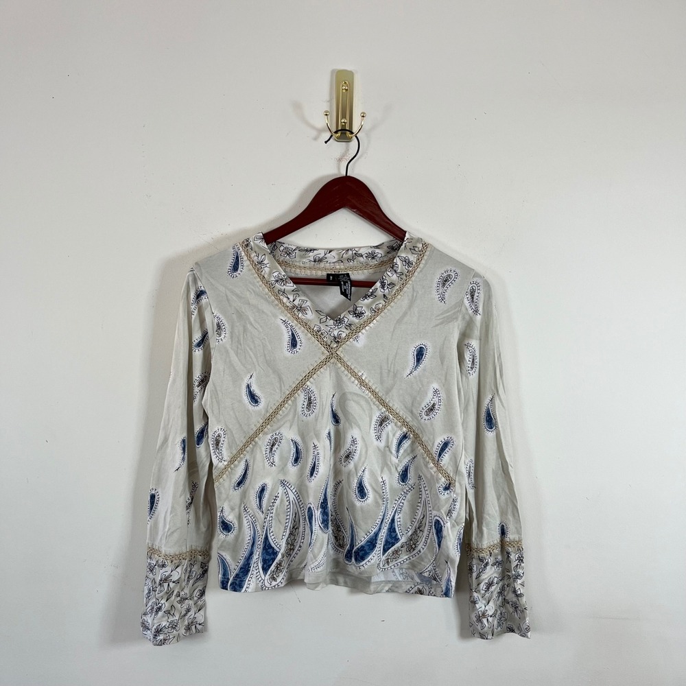 Y2K Lynn Ritchie Long Sleeve Top Paisley  Cotton Silk Exposed Stitching Sm Boho - Picture 3 of 8